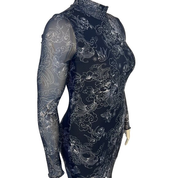 Forever 21 Bodycon Dress Womens M Asian Print Stretch Long Sleeve Mesh Mock Neck - Picture 4 of 14